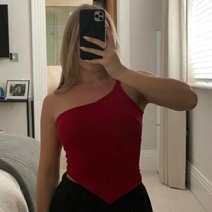 Vintage Cherry Elegant Red One-Shoulder Asymmetrical Women's Top